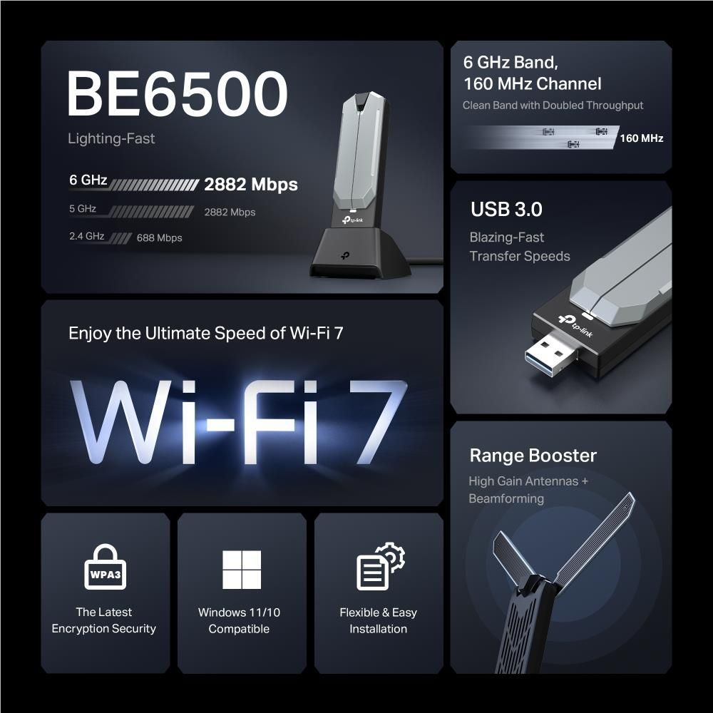 Wi‑Fi 7 USB adapter box with tall antenna artwork and BE6500 details