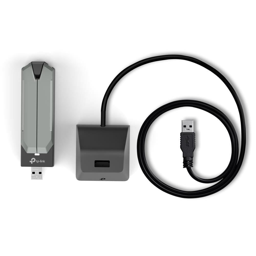 Wi‑Fi 7 USB adapter kit with gray antenna, base, and black USB cable