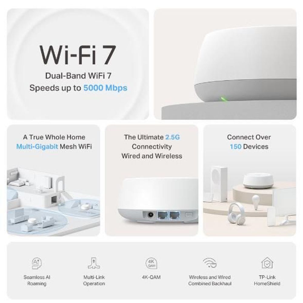 White TP-Link Deco mesh Wi-Fi 7 router with feature tiles and device view