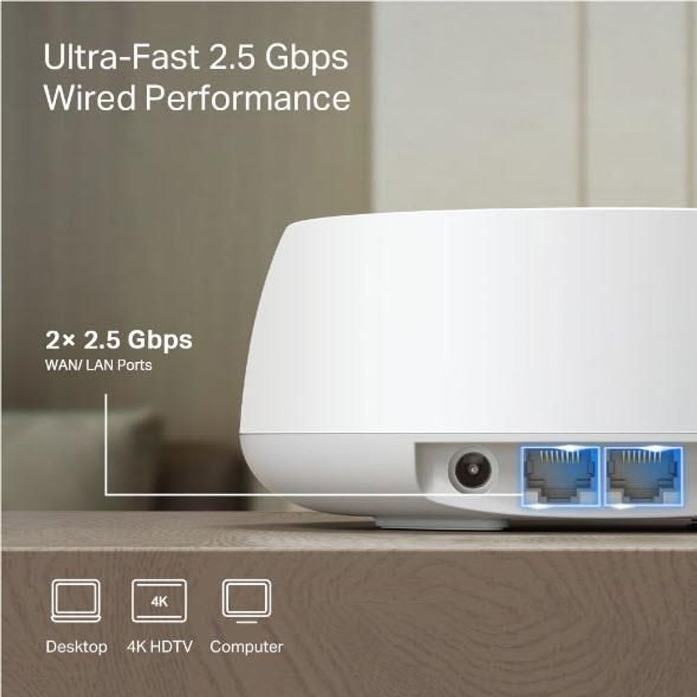 White TP-Link Deco mesh router showing two blue WAN/LAN Ethernet ports