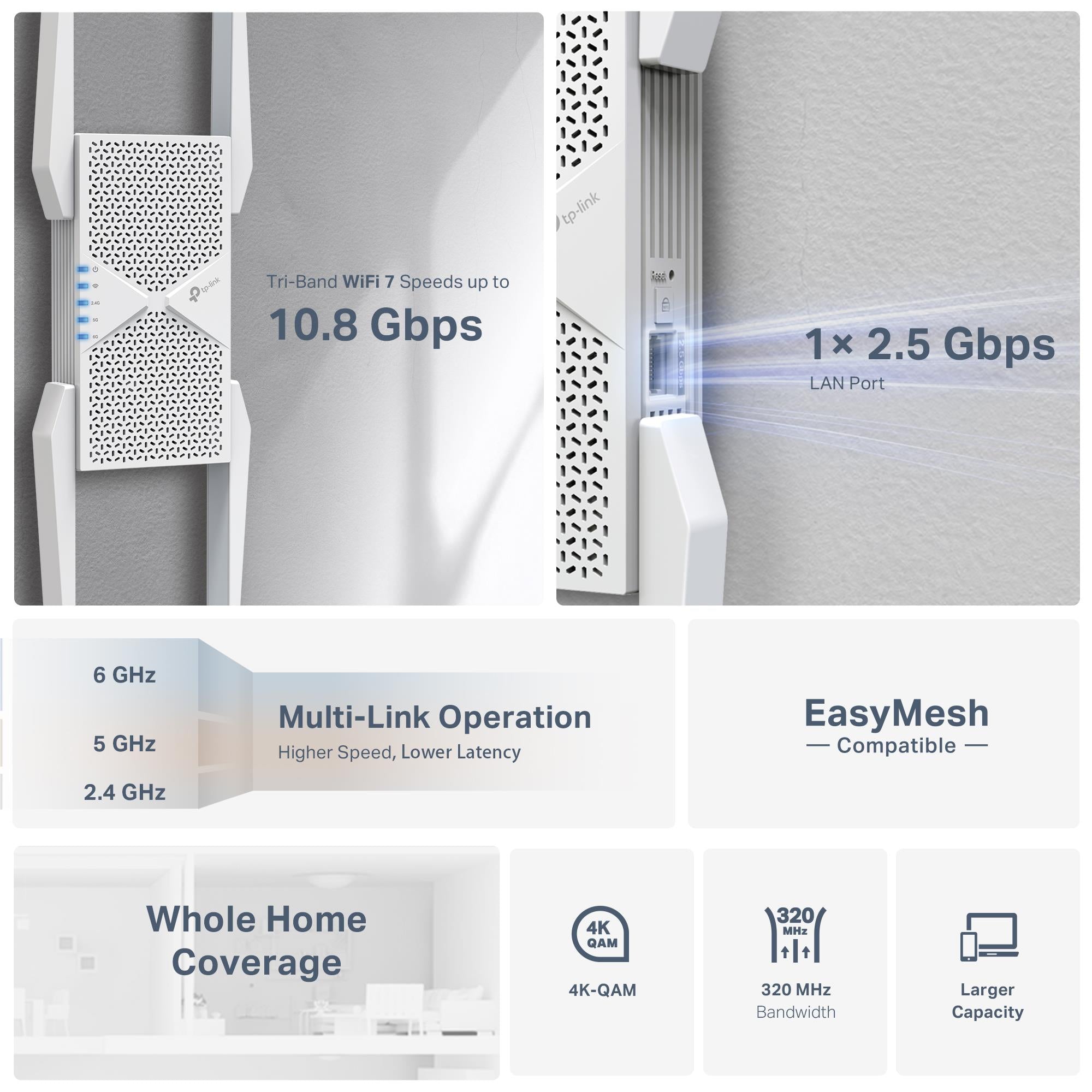 TP-Link RE655BE BE9300 Tri-Band Wi-Fi 7 Range Extender