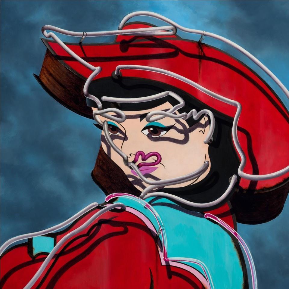 Neon cowgirl illustrated wall art with red hat, teal jacket, and outlined face