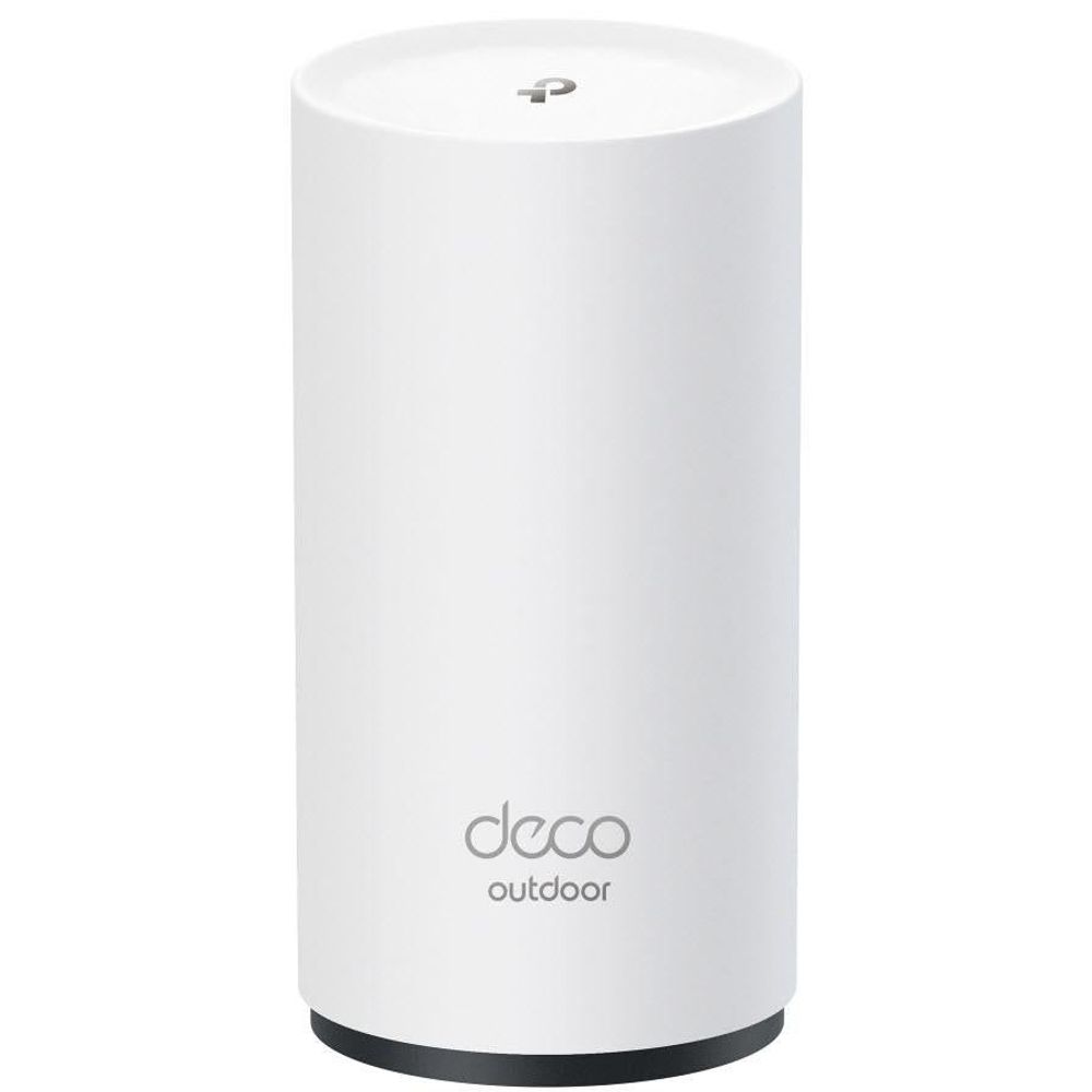 White outdoor mesh Wi-Fi router cylinder with deco outdoor logo and black base