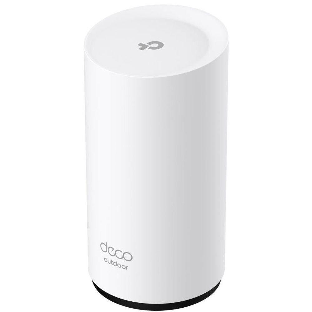 White outdoor mesh Wi-Fi router cylinder from angled front view with black base