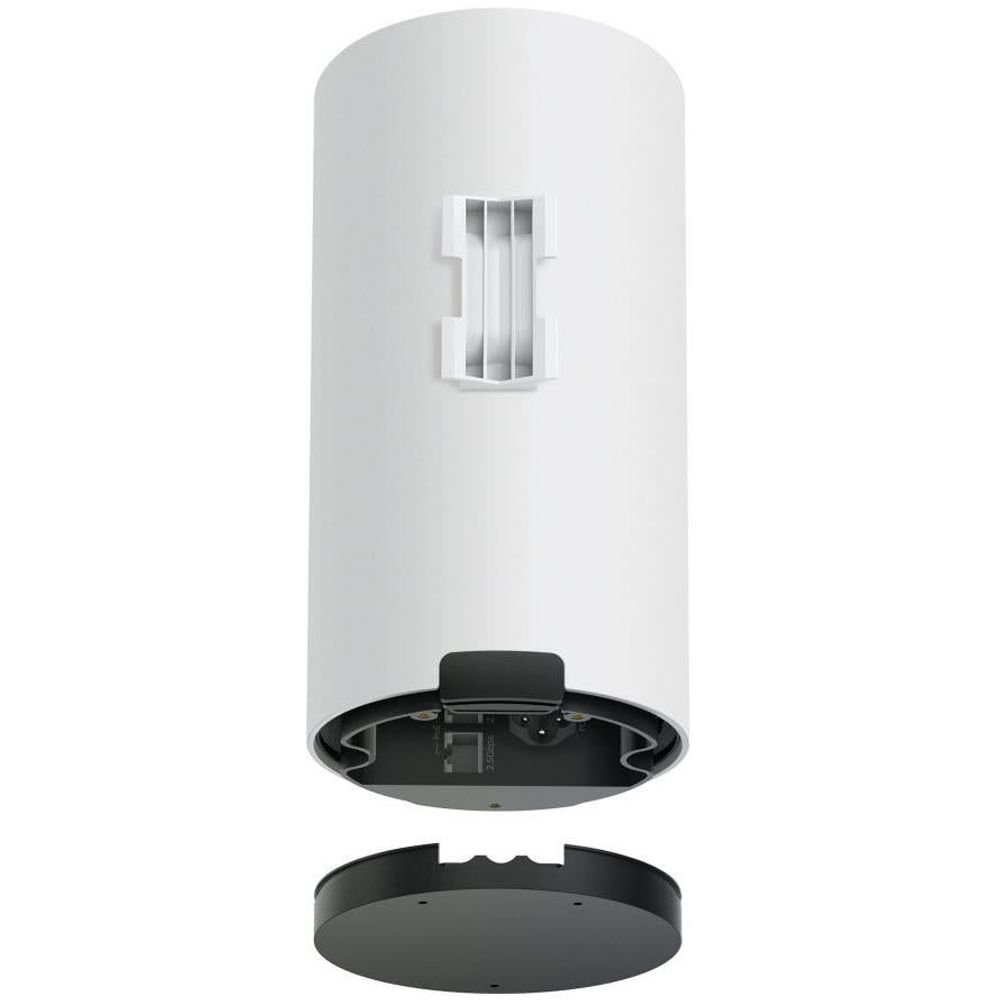 White outdoor mesh router with exposed side ports and open underside mounting base