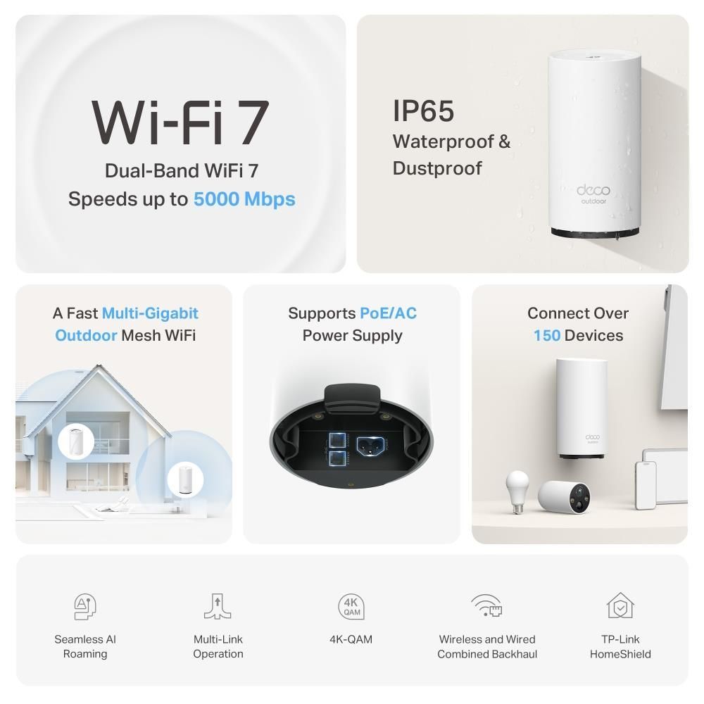 White outdoor mesh Wi-Fi router cylinder with black base, shown against product panel