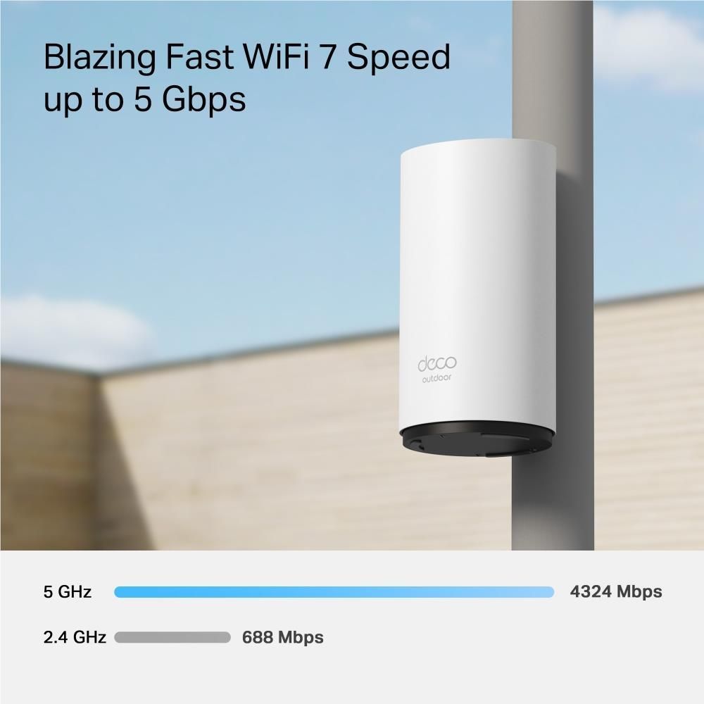 White outdoor mesh Wi-Fi router mounted on a pole with black base