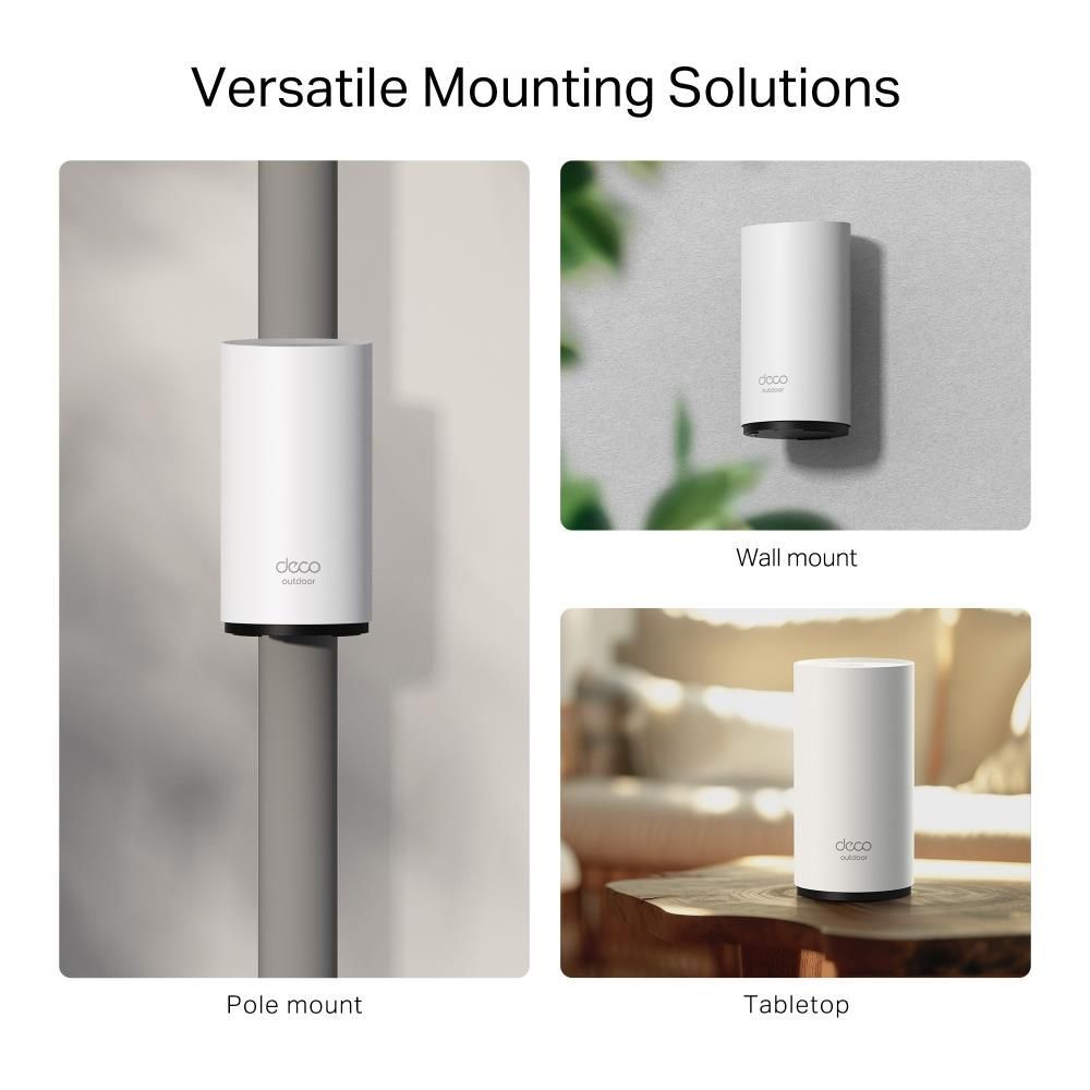 White outdoor mesh Wi-Fi router cylinder shown with wall and tabletop mounting