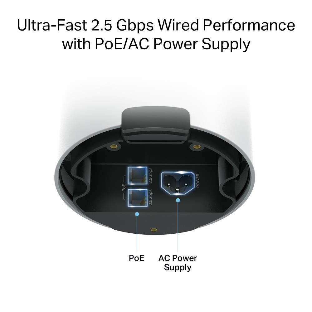 Outdoor mesh router underside showing PoE/AC power and ports under black cover