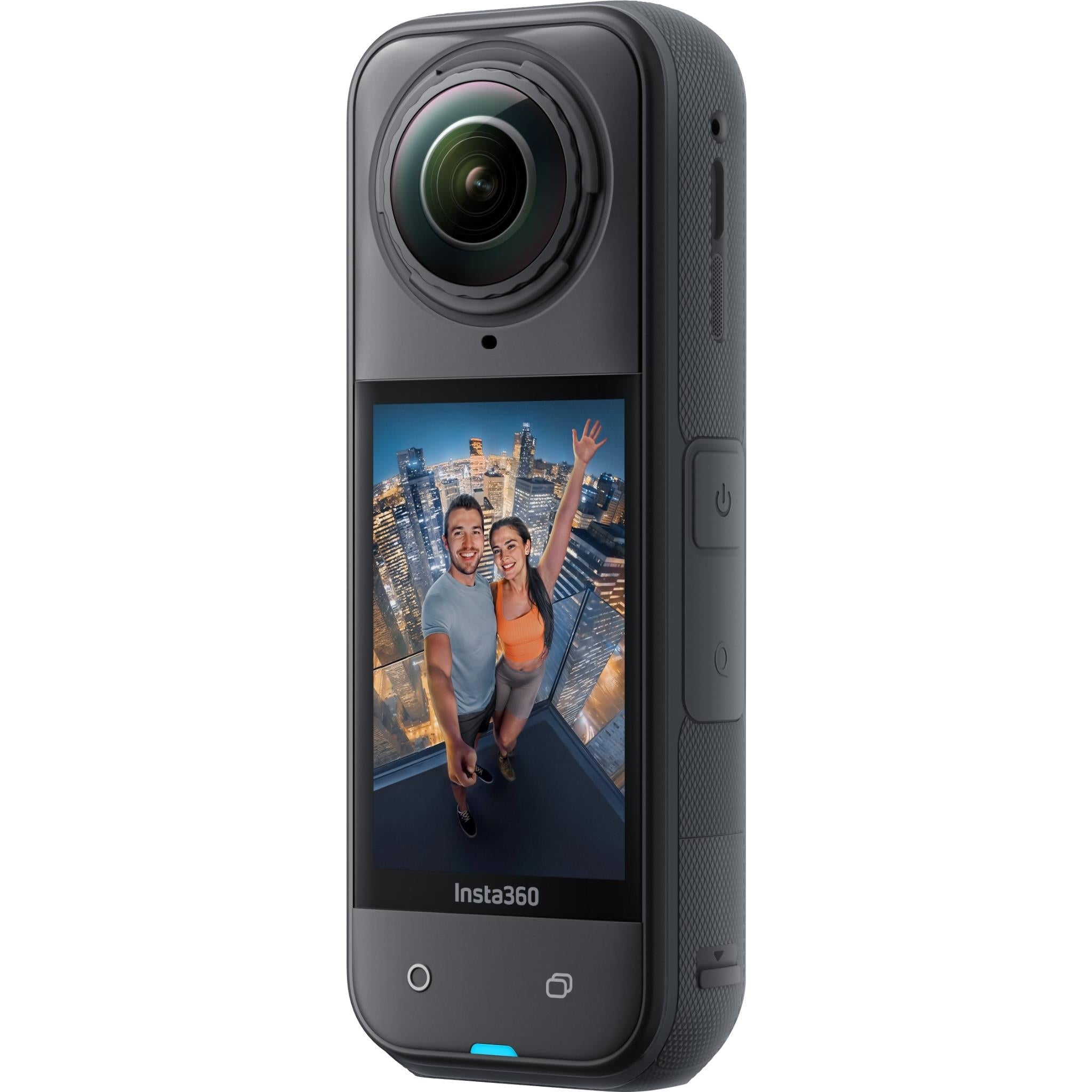 Insta360 X5 360 action camera angled view with touchscreen, lens, and side buttons