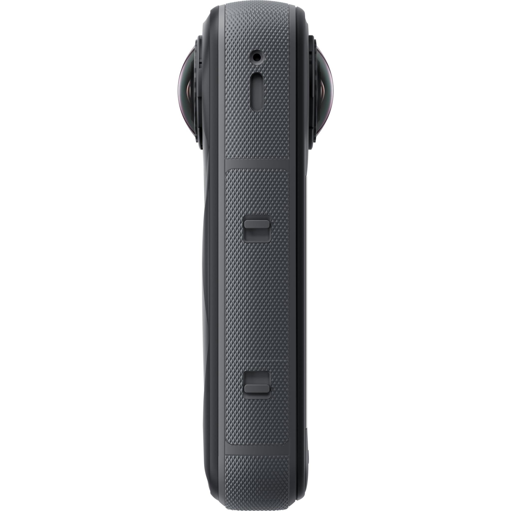 Insta360 X5 360 action camera side profile with textured finish and mounted buttons