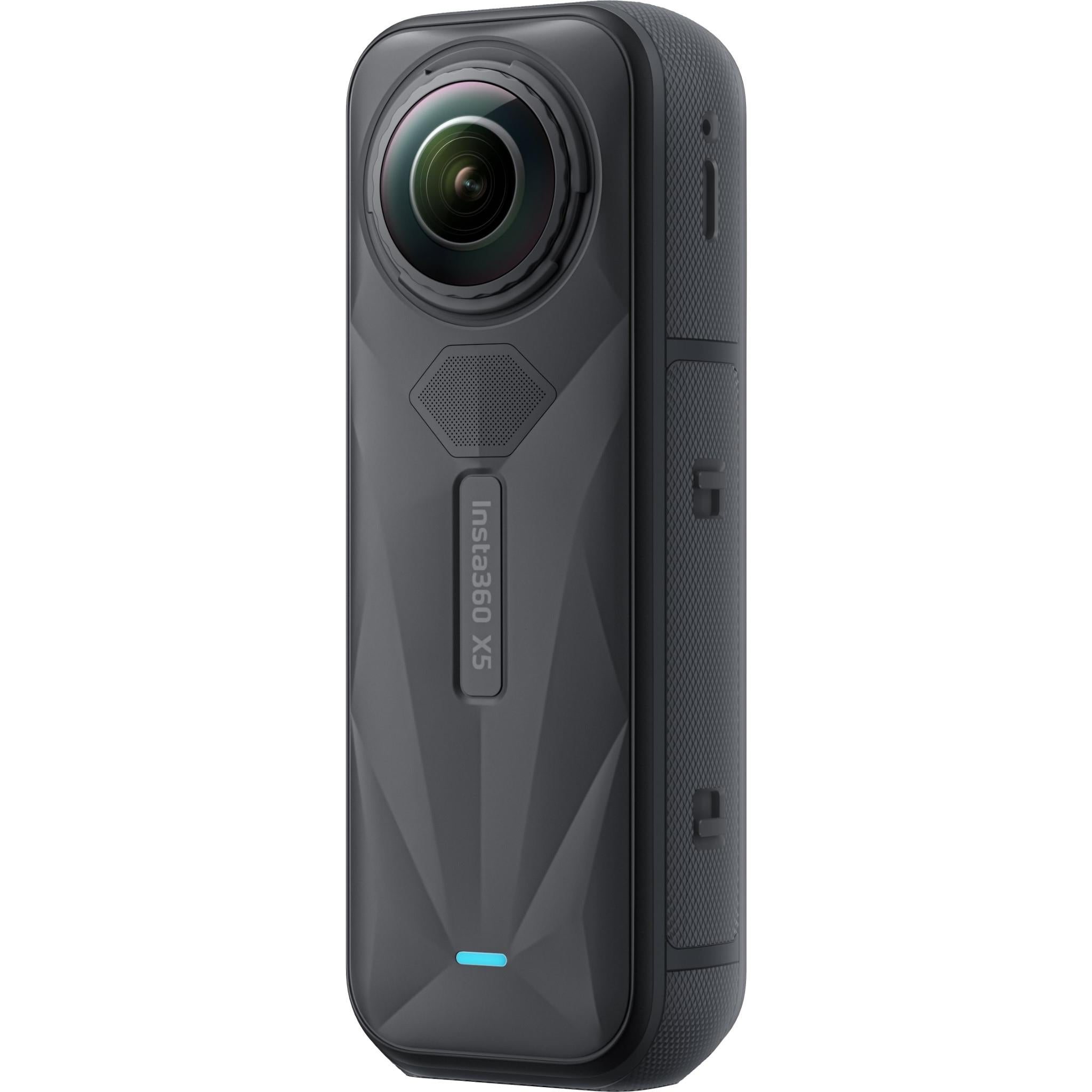 Insta360 X5 360 action camera side view with lens housing and control icons
