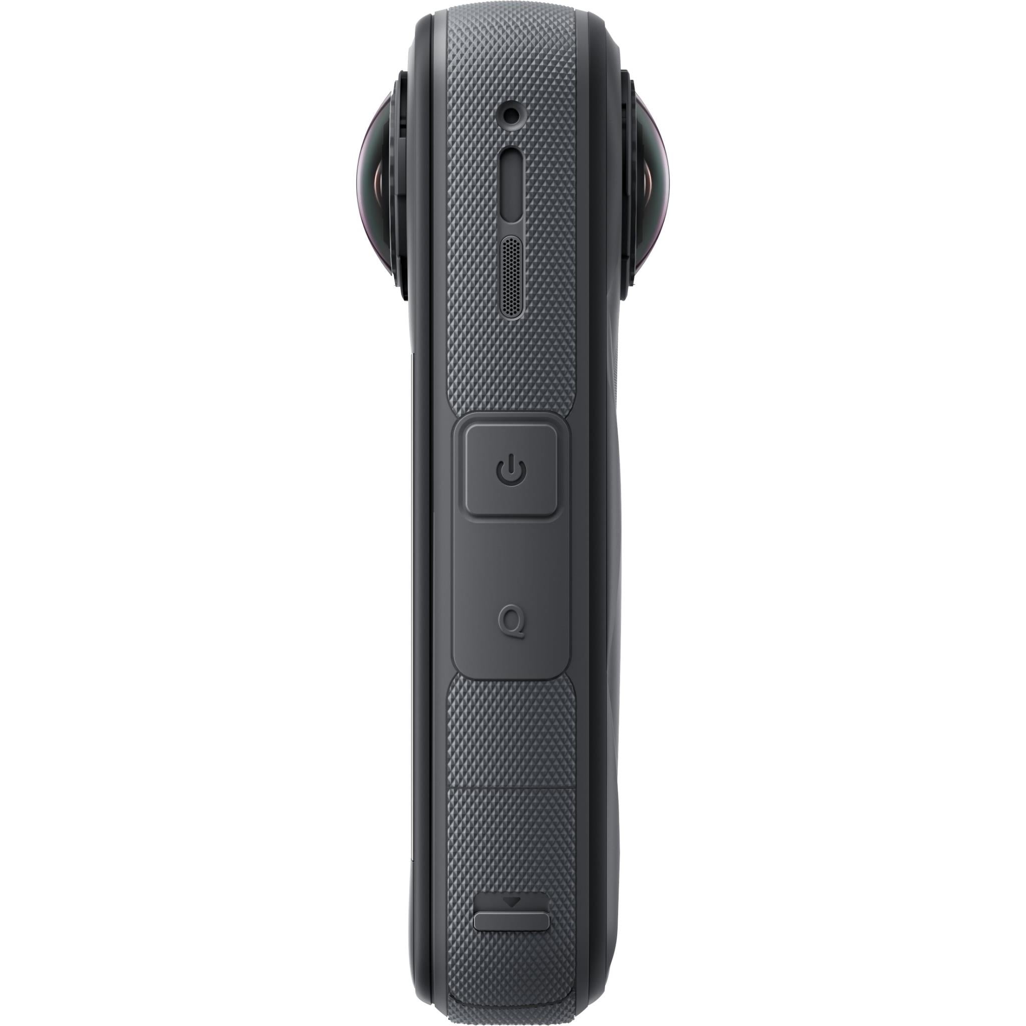 Insta360 X5 360 action camera profile with textured surface and power control