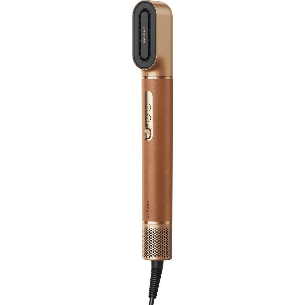 Gold hair dryer handle with control panel and perforated vented nozzle