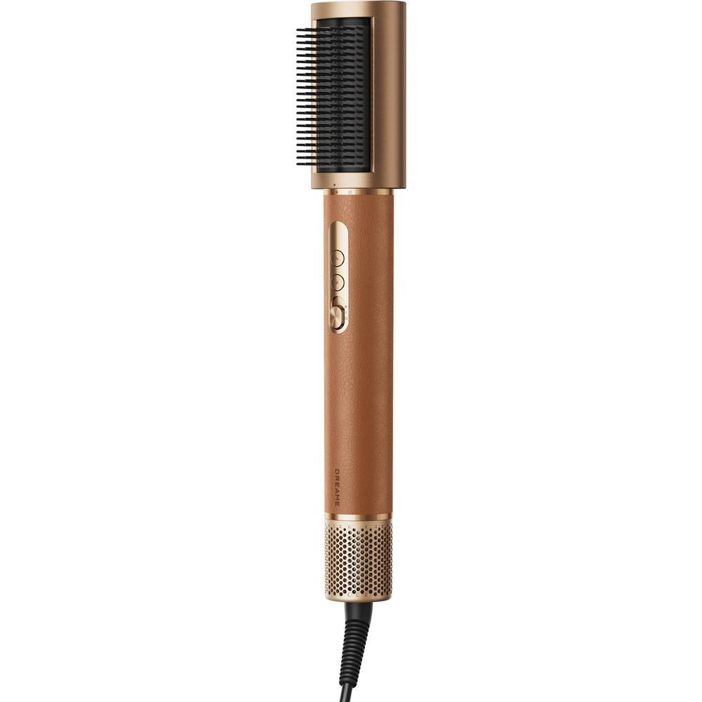 Gold hair styling brush attachment with vented barrel and perforated air outlet