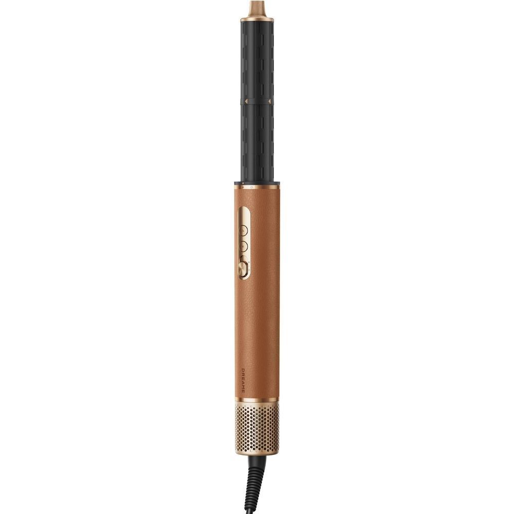 Bronze and black hair styling dryer with ridged barrel and perforated air vent base