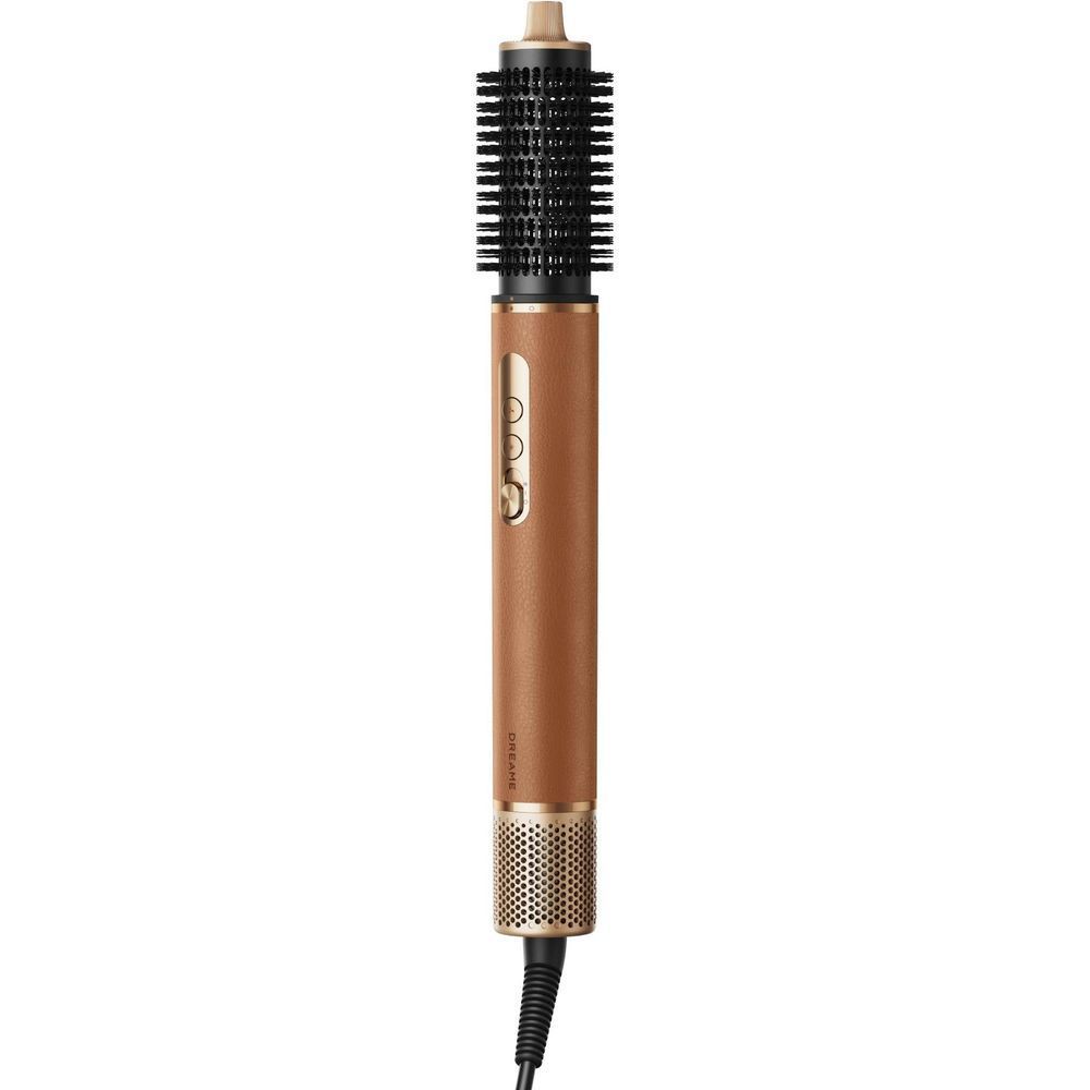 Bronze hair styling brush attachment with black bristles and perforated air outlet