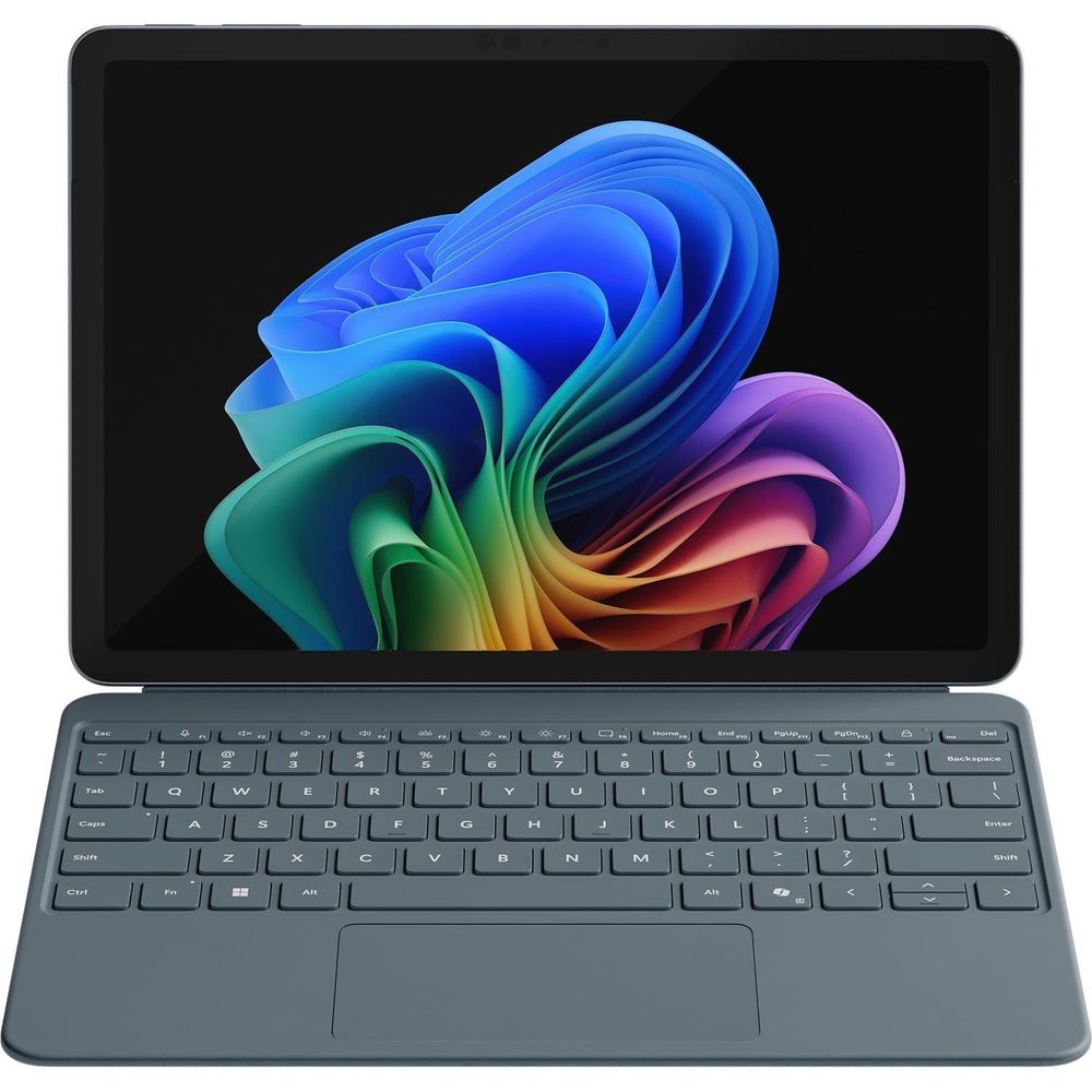Ocean blue keyboard attached to a tablet showing colorful abstract wallpaper