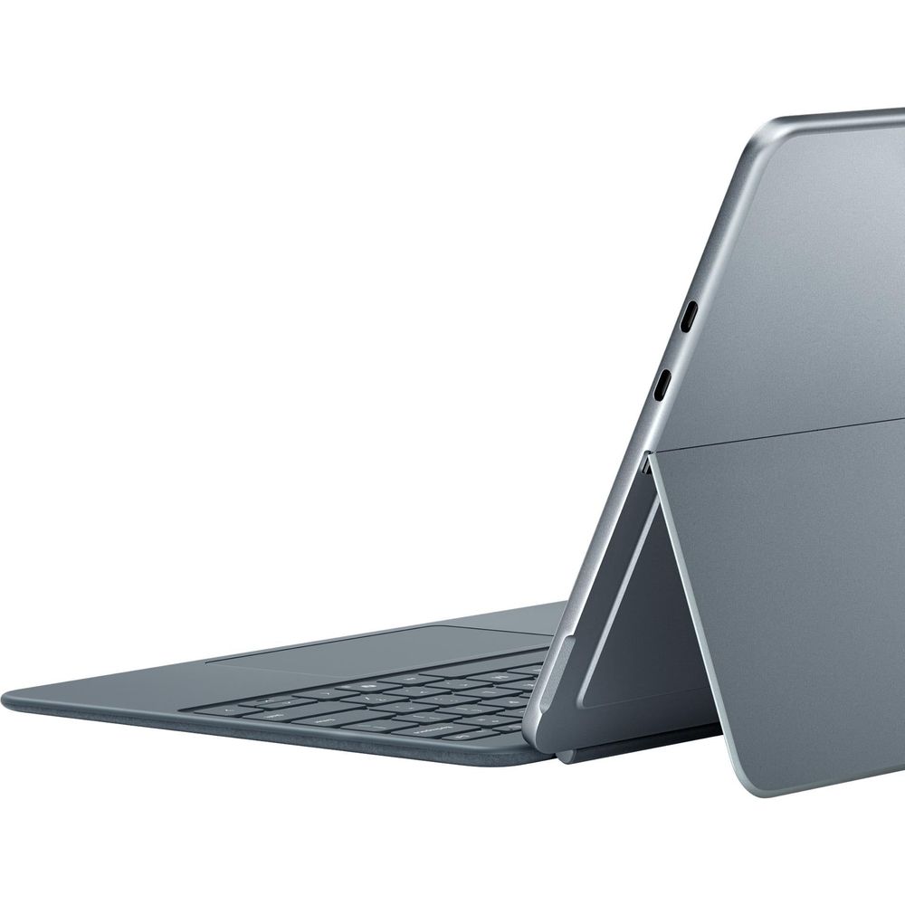 Ocean blue keyboard base with tablet propped on kickstand