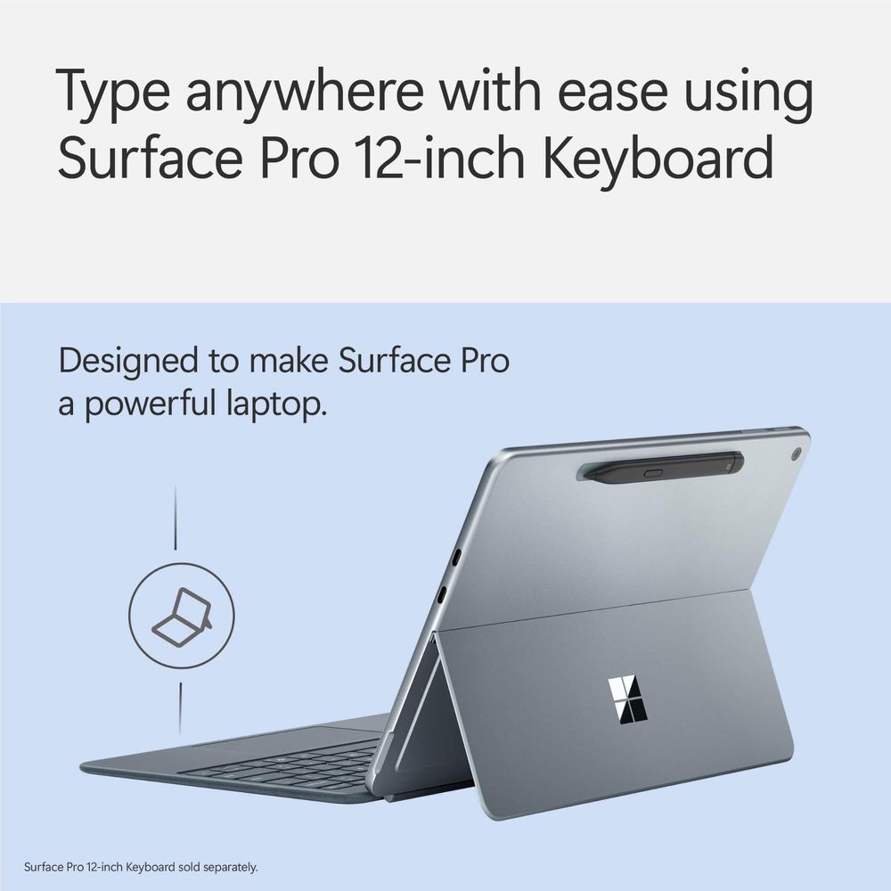 Tablet with keyboard angled open, kickstand hinge visible