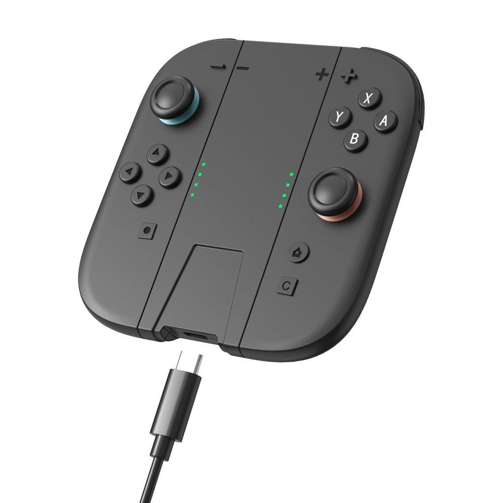 Black dual grip charging dock with two controller slots and attached USB cable