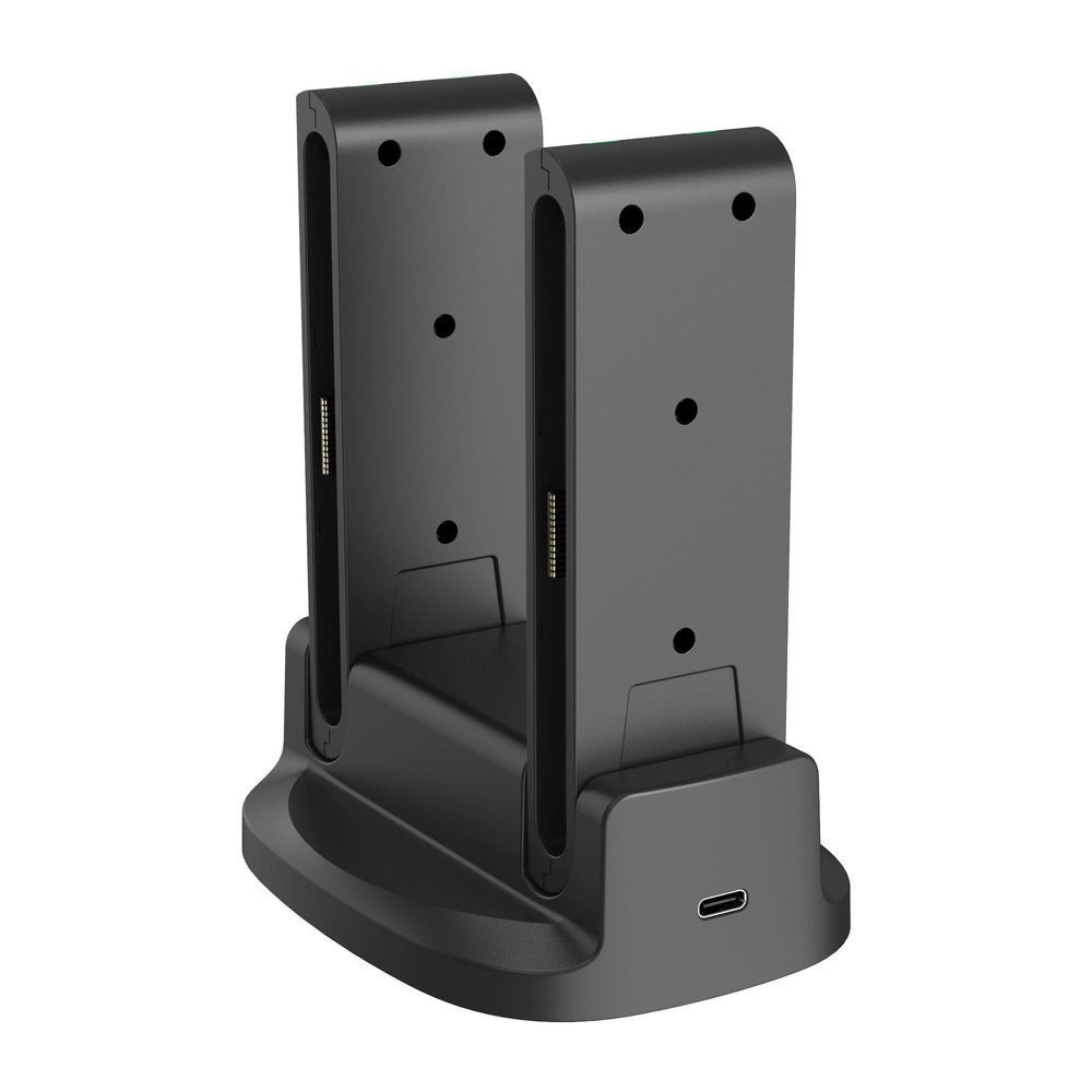 Black dual charging dock stand with rear ports and base connector