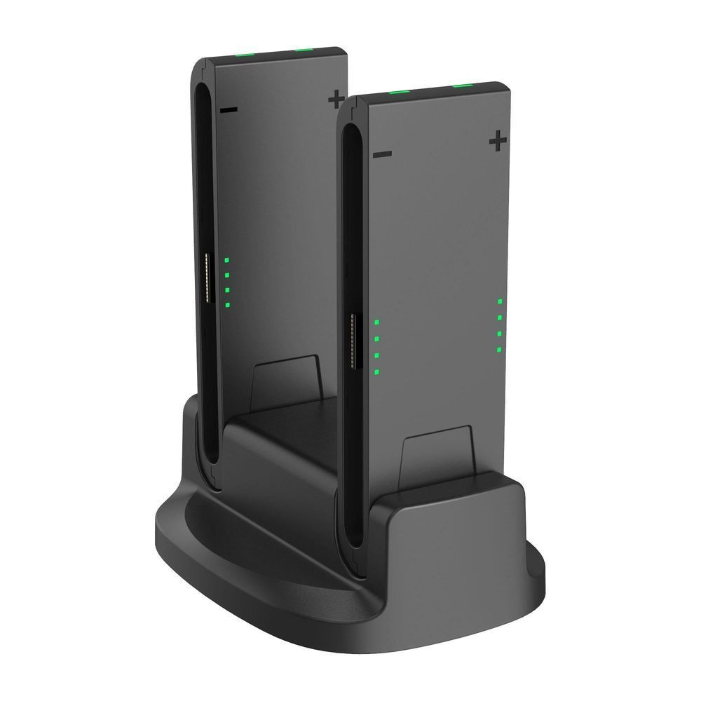 Black dual charging dock stand with two controller slots and vertical LED indicator lights