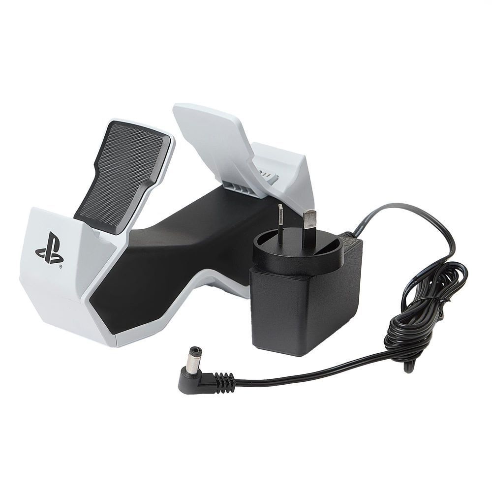 White twin charging station with power adapter and connected cable