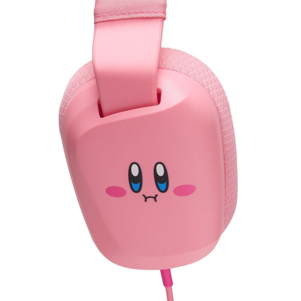 Light pink headset earcup with Kirby face graphic and textured faux-leather padding