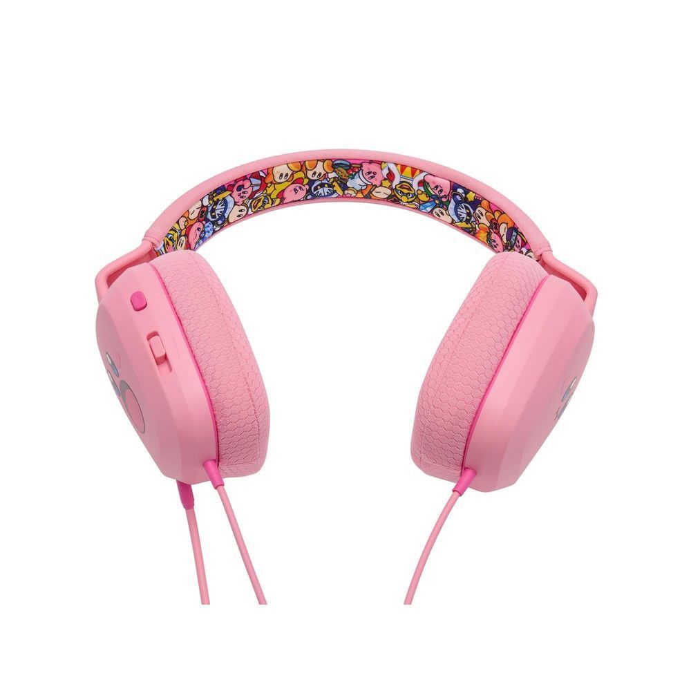 Light pink wired stereo headset with patterned inner headband and padded earcups