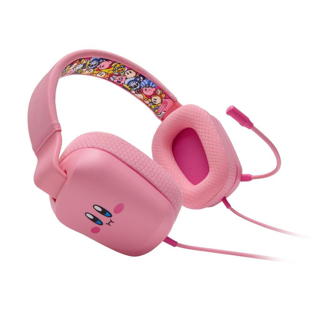 Light pink wired headset angled view with Kirby face earcup and pink cable