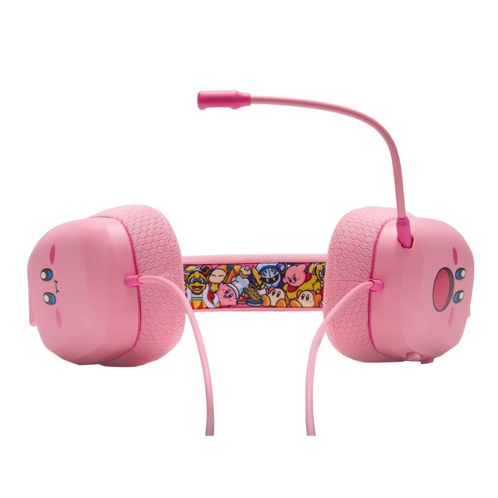 Light pink wired headset front view with Kirby face earcups and headband graphic
