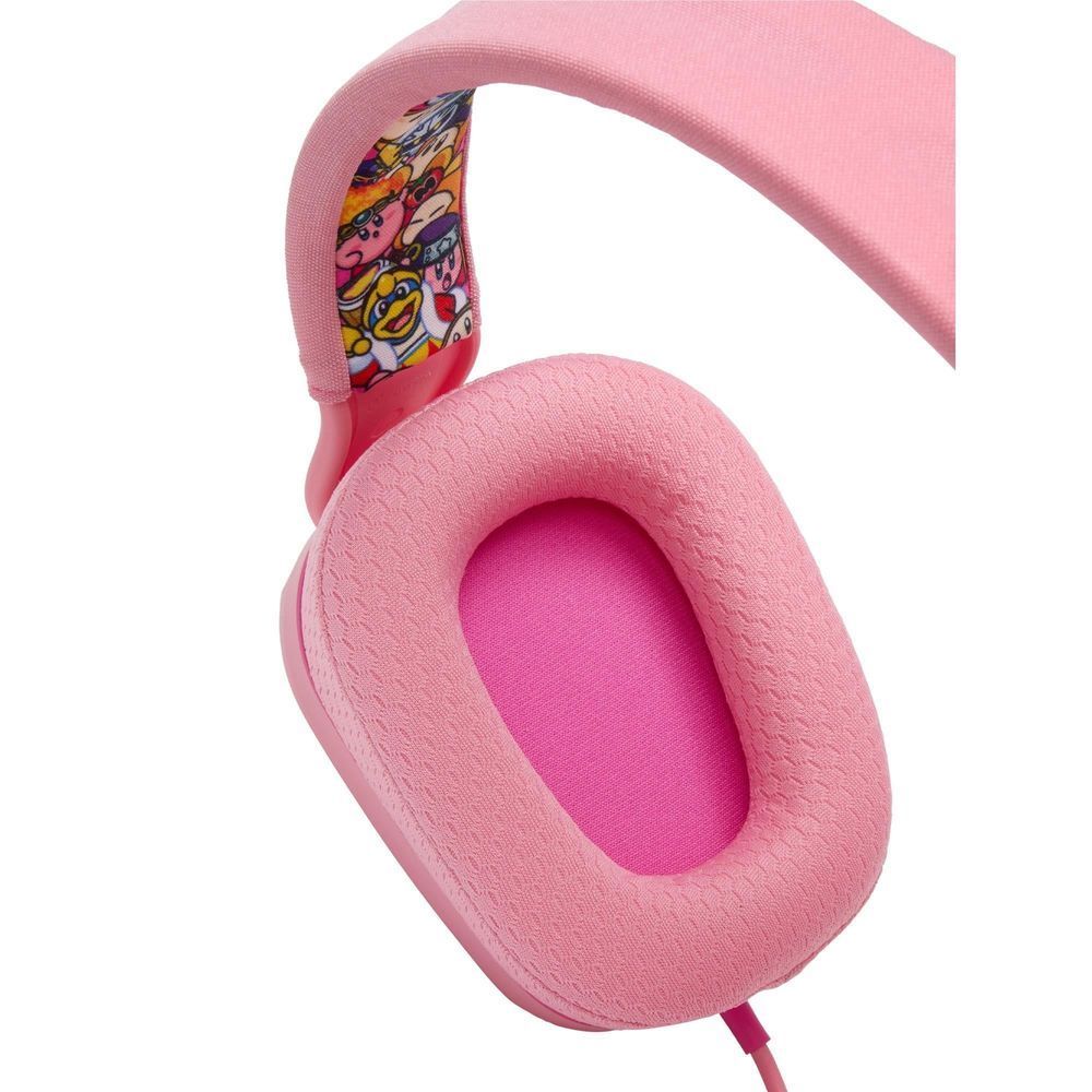 Light pink padded earcup with purple interior and textured cushion edge