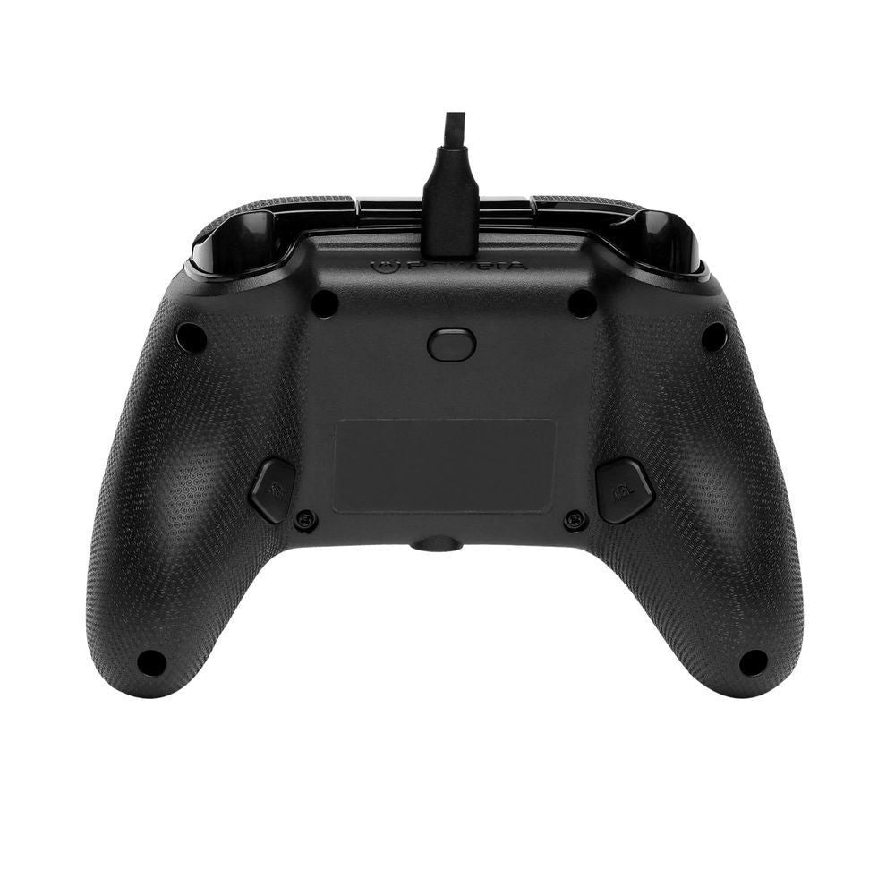 Black wired Xbox controller back view with textured grips and central panel