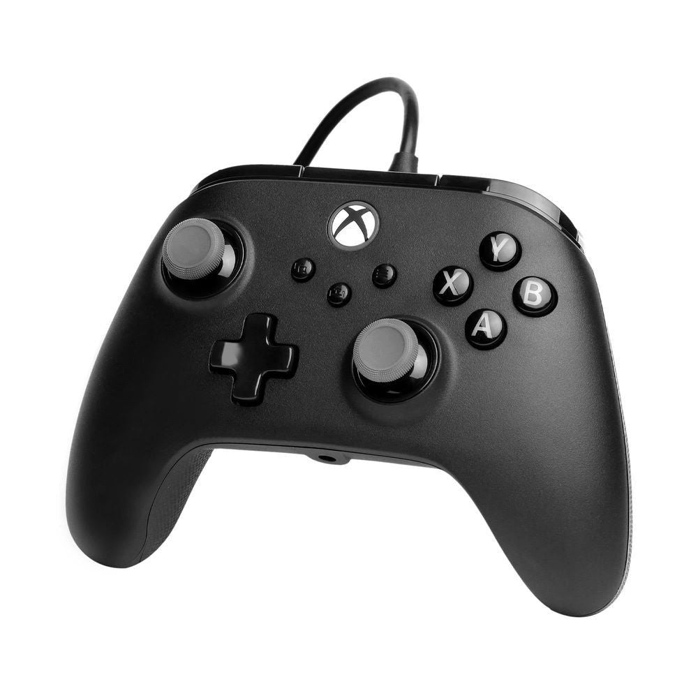 Black wired Xbox controller front view with Xbox logo, analog sticks, D-pad, and face buttons