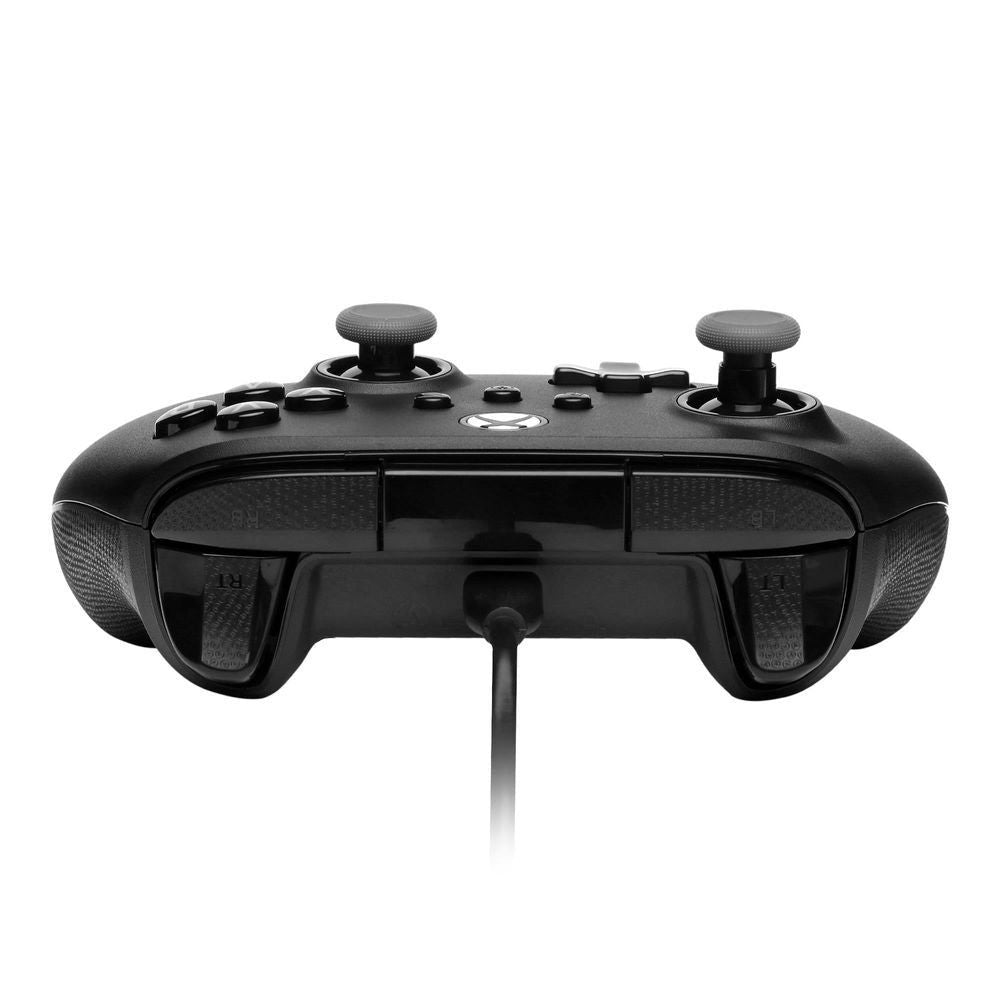 Black wired Xbox controller rear view with textured grips and center cable connector