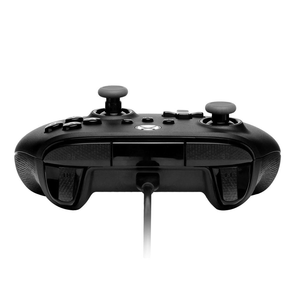 Black wired Xbox controller rear view with textured grips and cable port underneath