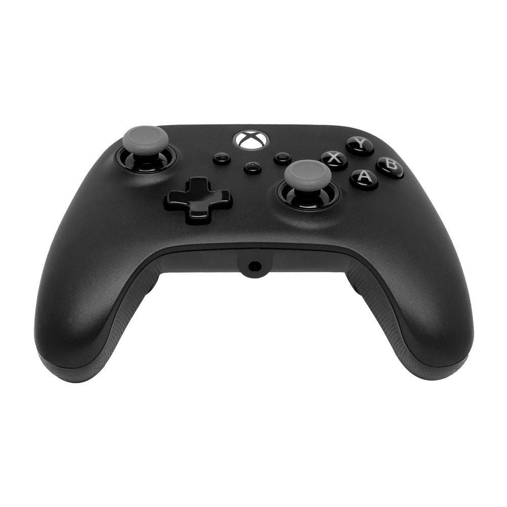 Black wired Xbox controller front with analog sticks, cross D-pad, and face buttons