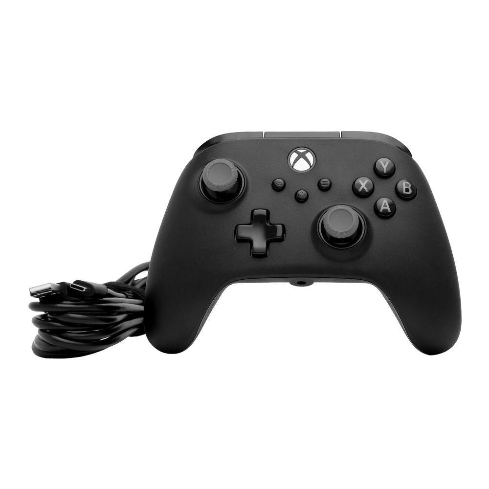 Black wired Xbox controller front with attached cable bundle and Xbox logo