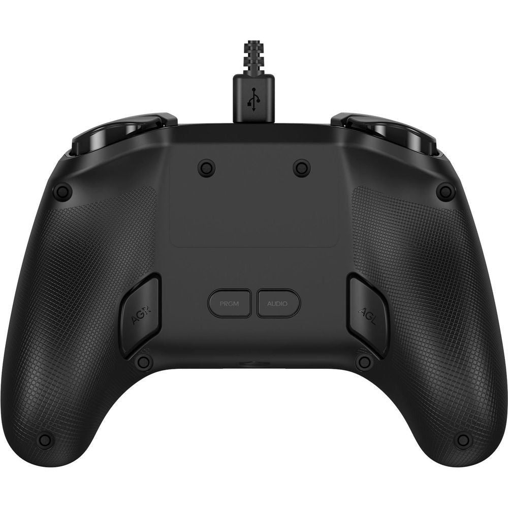 Black wired game controller back view with textured grips and rear triggers