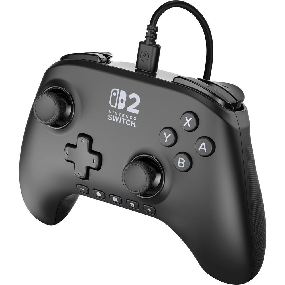 Black wired game controller angled view with analog sticks and X/Y/A/B face buttons