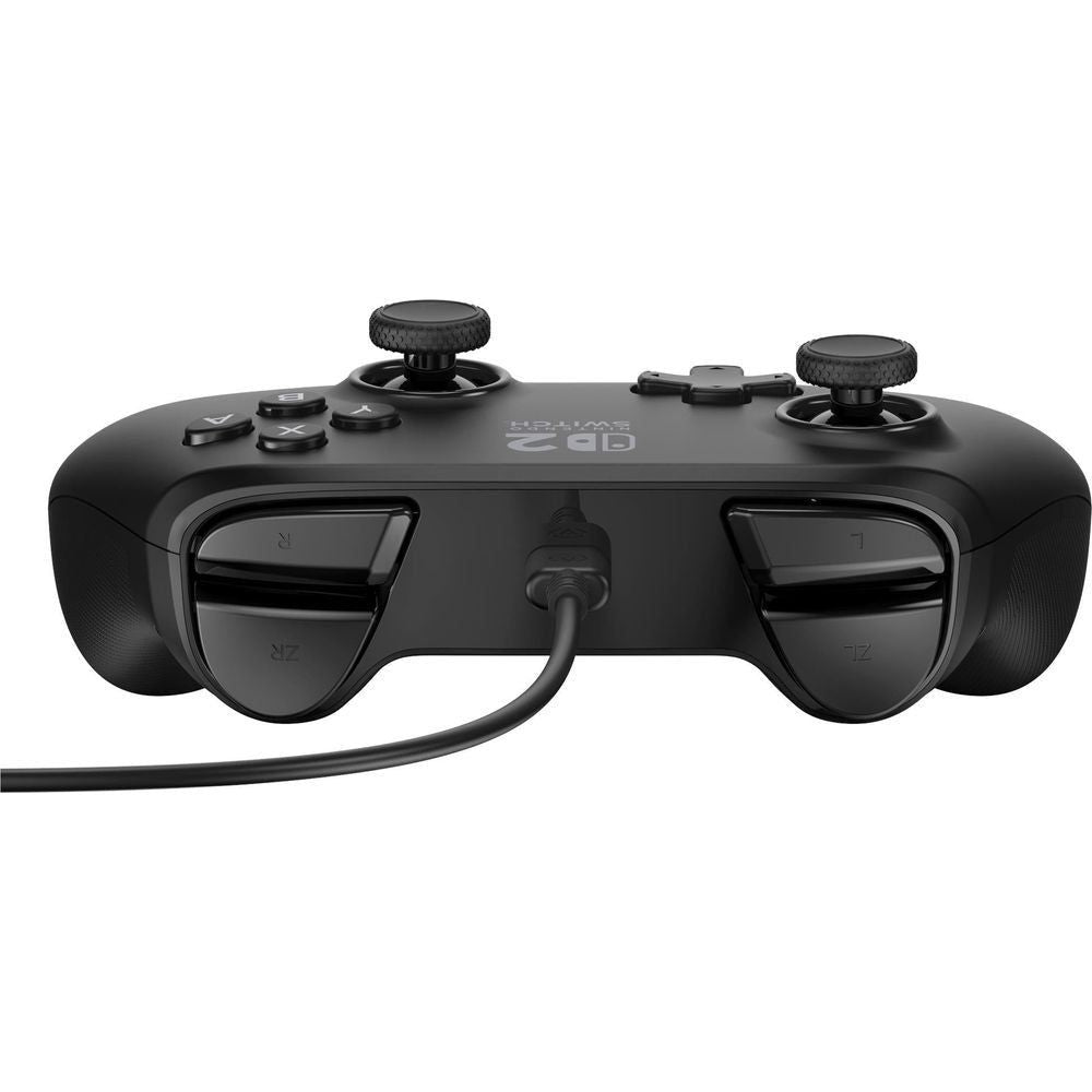 Black wired game controller top view with two thumbstick caps and dual trigger buttons