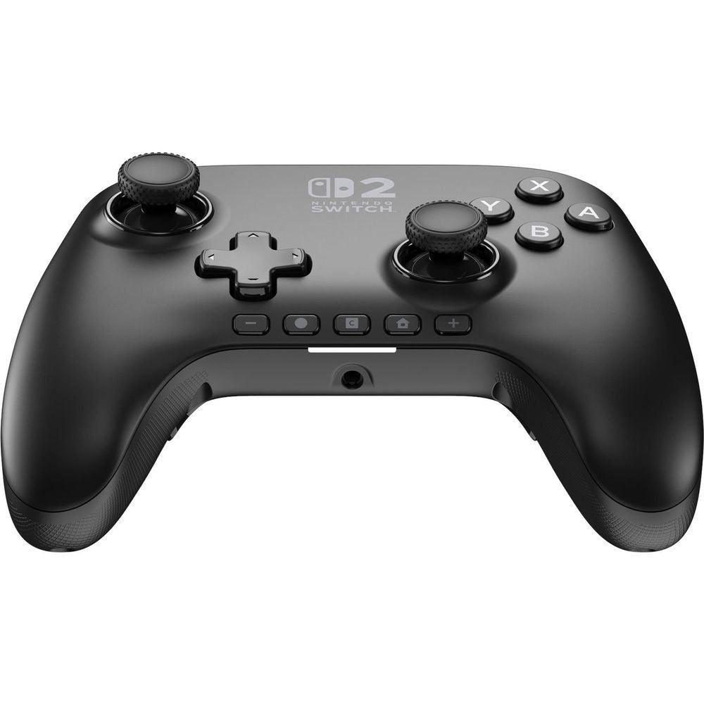 Black wired game controller front view with textured grip handles