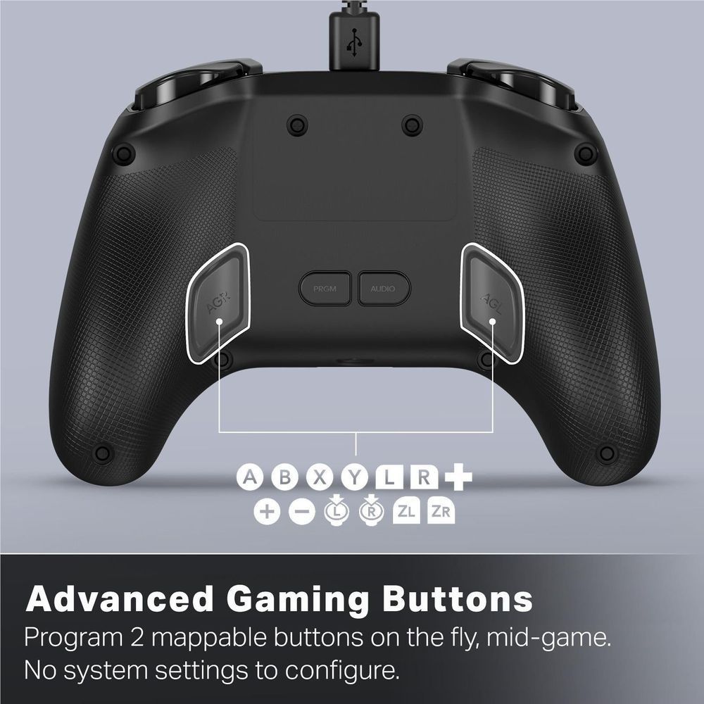 Black wired game controller back panel with rear buttons beneath textured grips