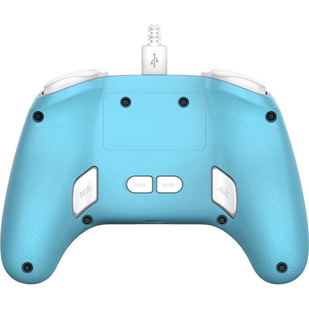 Blue wired game controller back with textured grips and two trigger module housings.