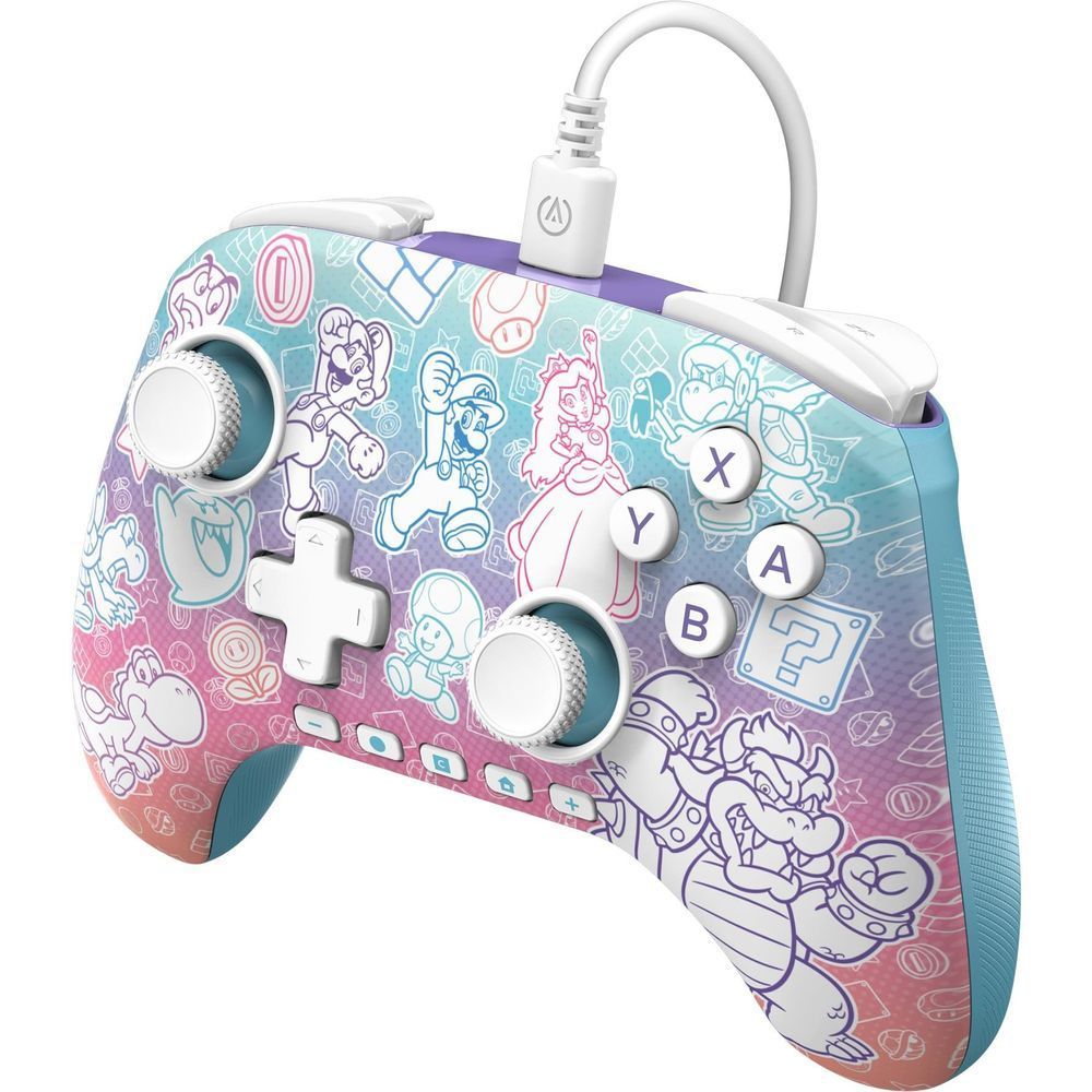 Wired game controller with Mushroom Kingdom front art, cross D-pad, and two thumbsticks.