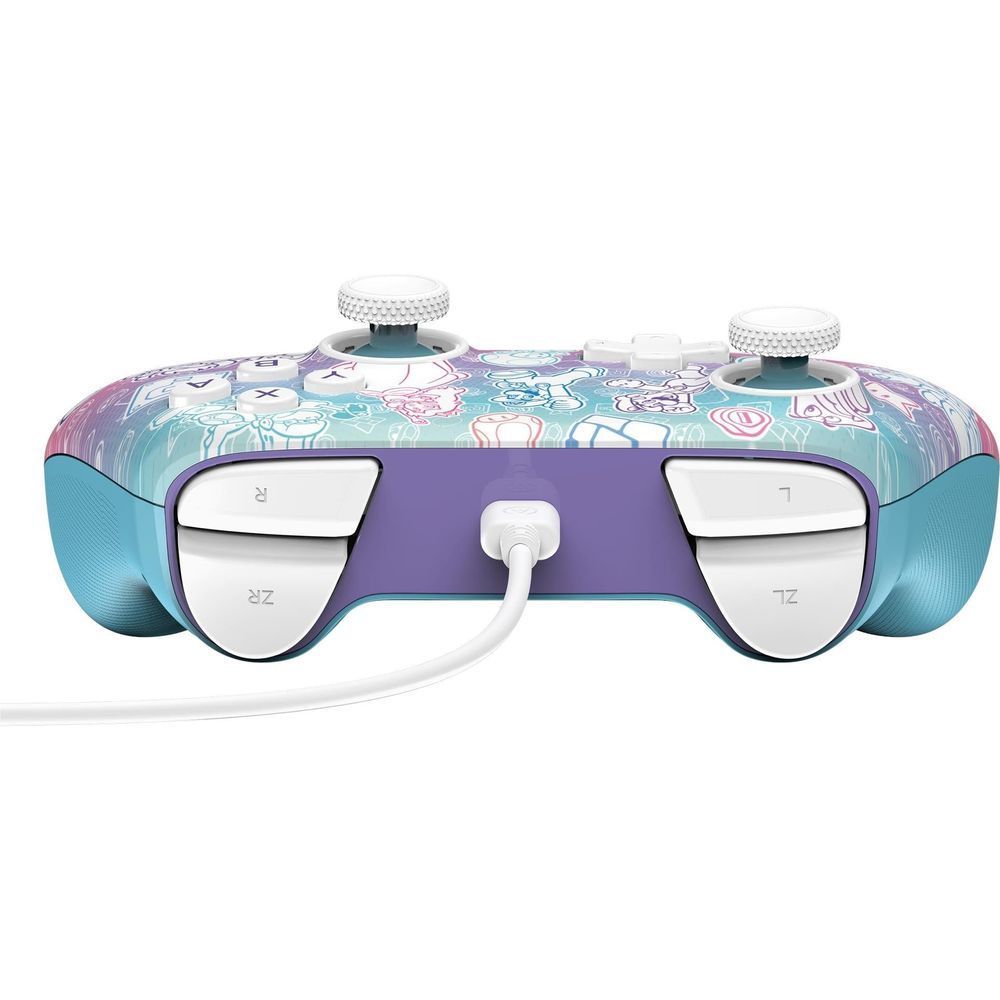 Wired game controller top view with two shoulder buttons and two textured thumbstick caps.