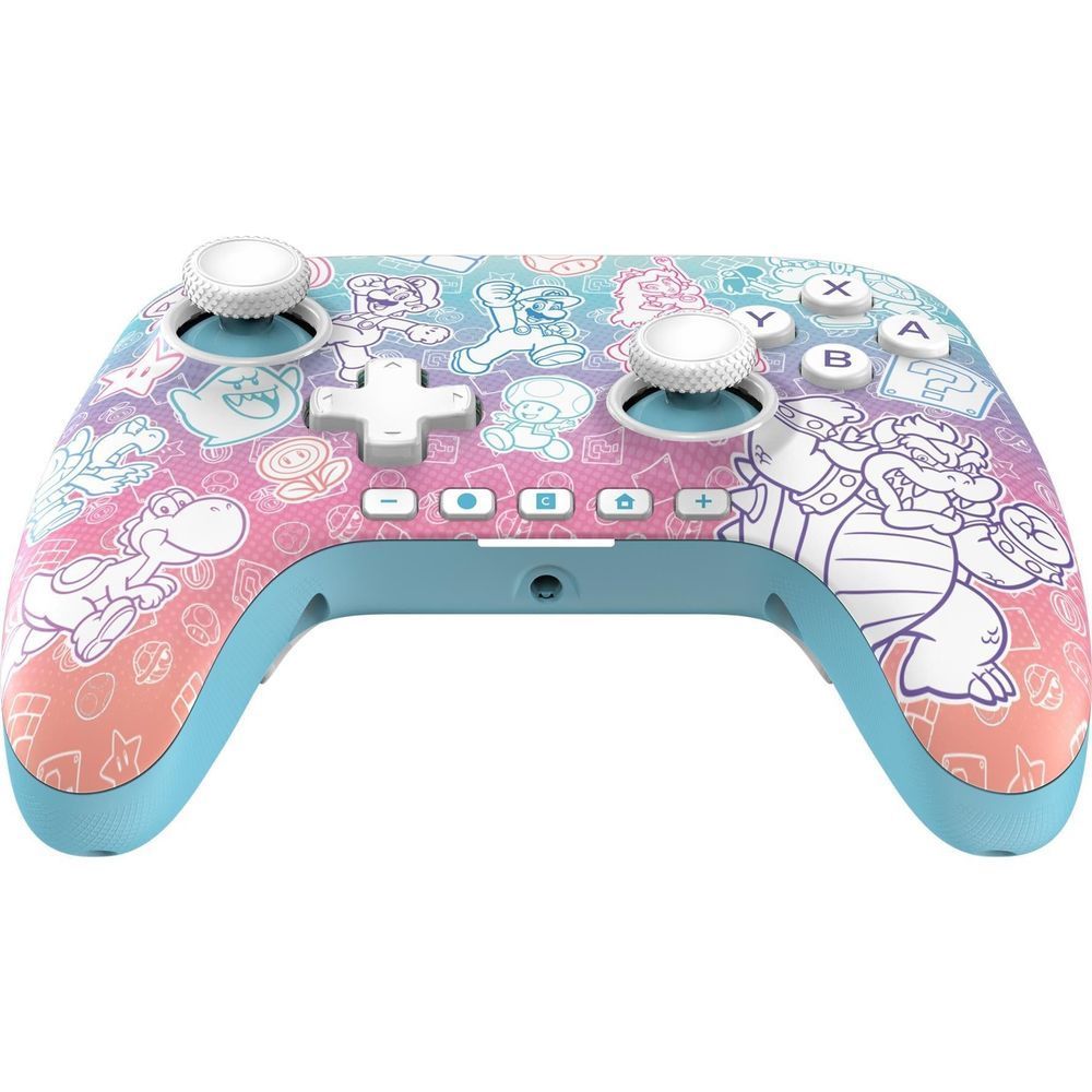 Wired game controller front with textured thumbsticks, face buttons, and Mushroom Kingdom art.
