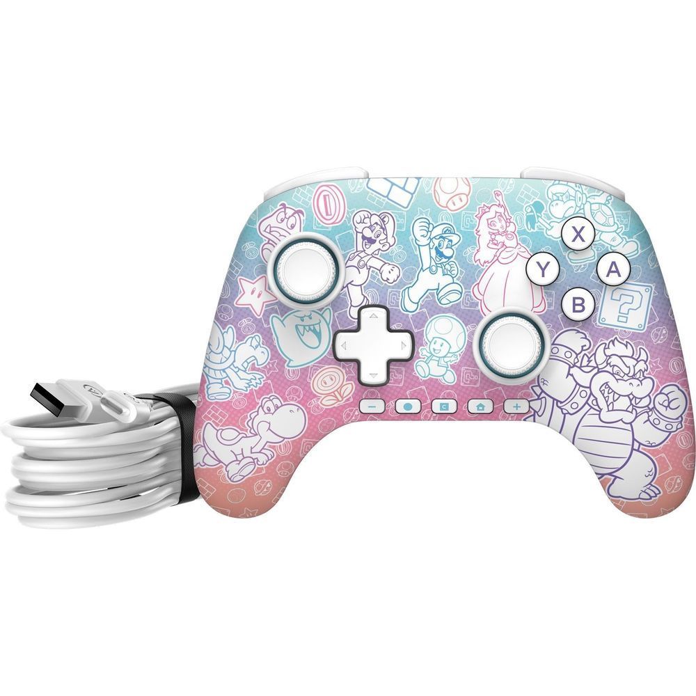 Wired game controller with Mushroom Kingdom design and coiled cable accessory on the side.