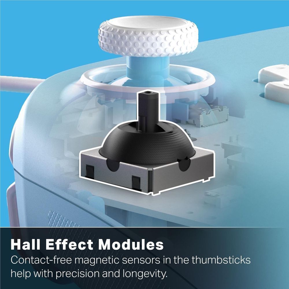 Hall effect module inside wired controller with magnetic sensor mount and thumbstick base.